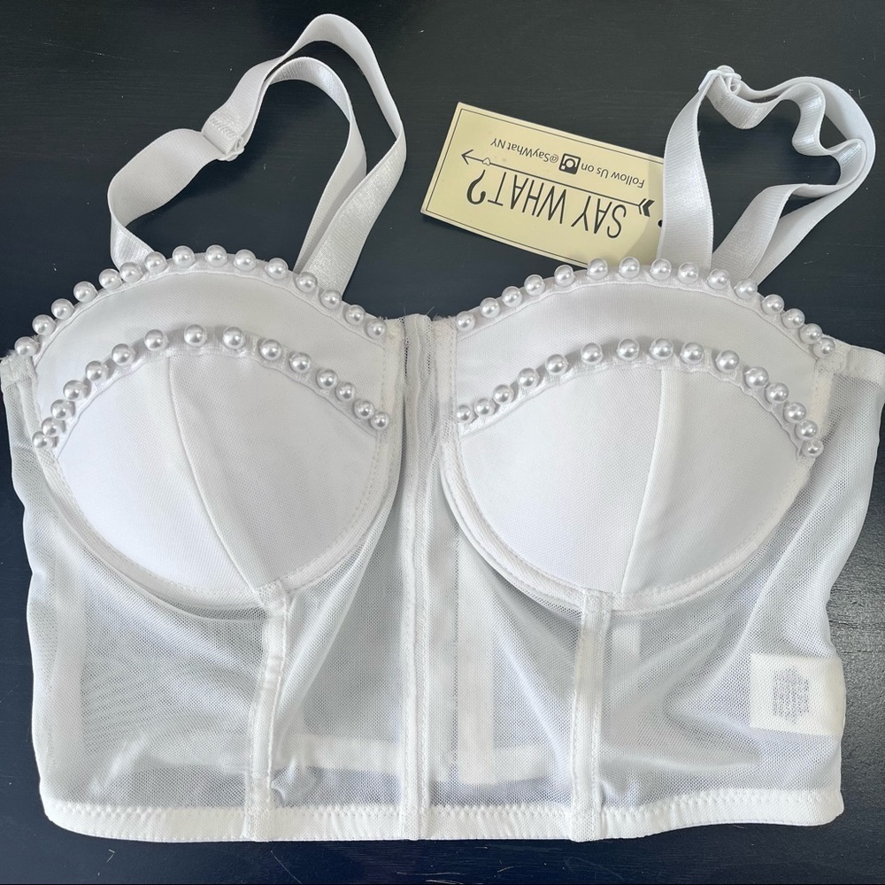 Say What White Mesh Pearl Crop Bralette Size Small New With Tags - Picture 8 of 10